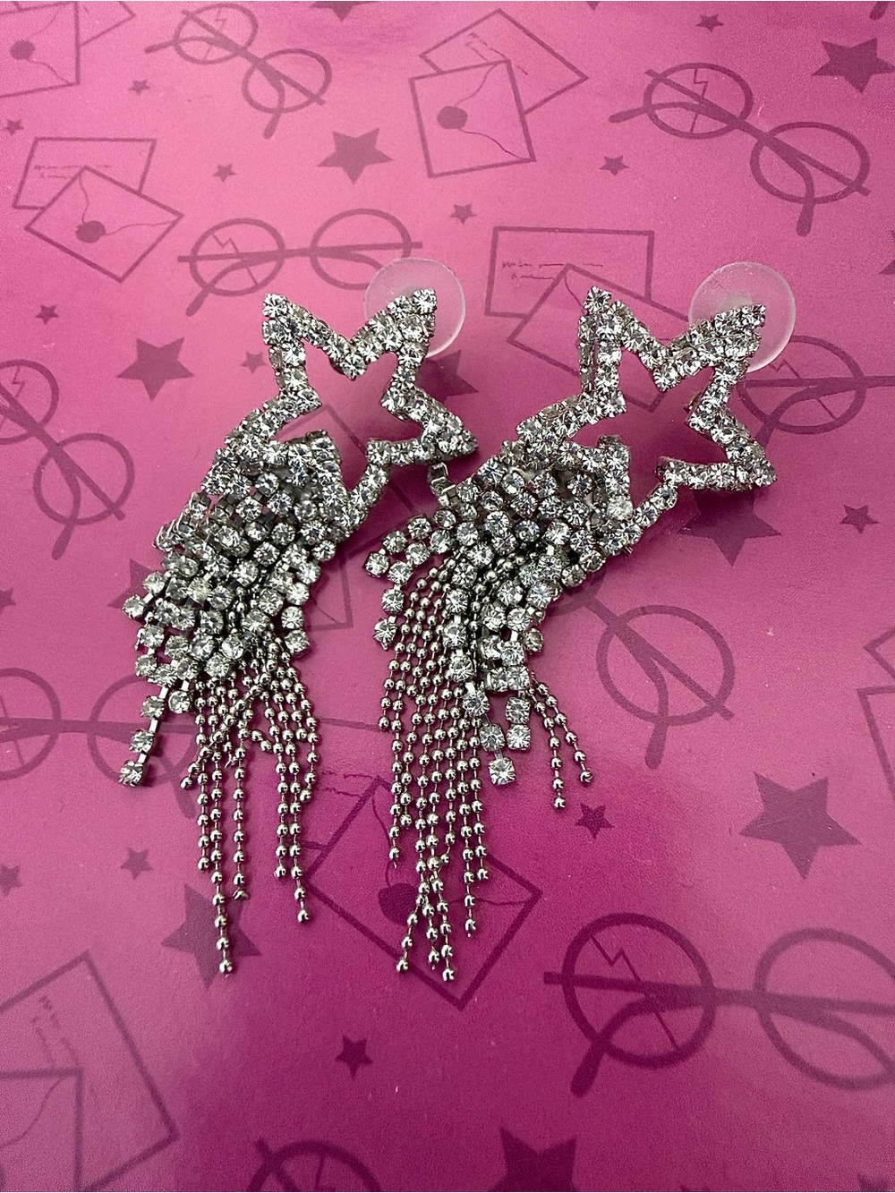 Silver Rhinestone Star Dangle Pierced Earrings